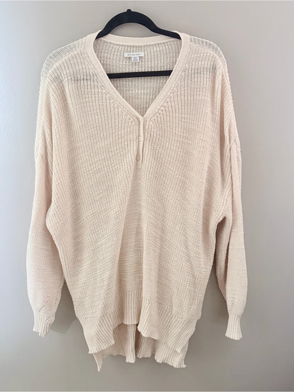 American Eagle Oversized Loose Open Knit Henley Sweater Medium Cream